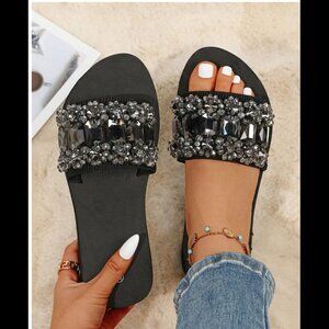 Rhinestone Size 8.5 EU 39 Decor Single Strap Slides, Black Fashionable Sandal